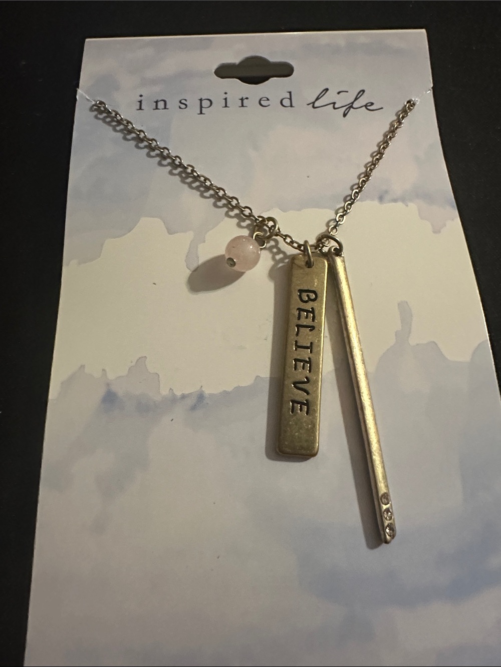Inspire Gold-Tone 'BELIEVE' Bar Necklace with Pink Bead
#42